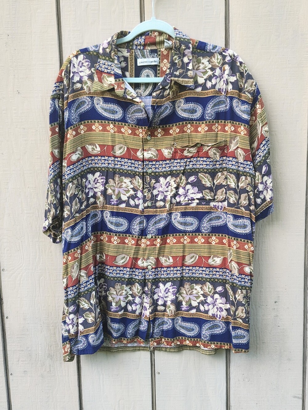 Pierre Cardin Vintage Rayon Button Up Shirt XL Paisley Floral Patchwork Boho